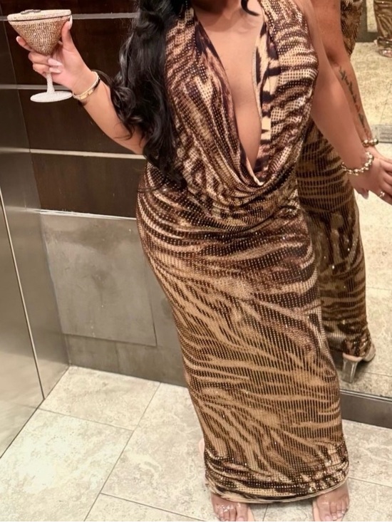 Rhinestone Cowl Neck Maxi Dress in Brown - Picture 2 of 2